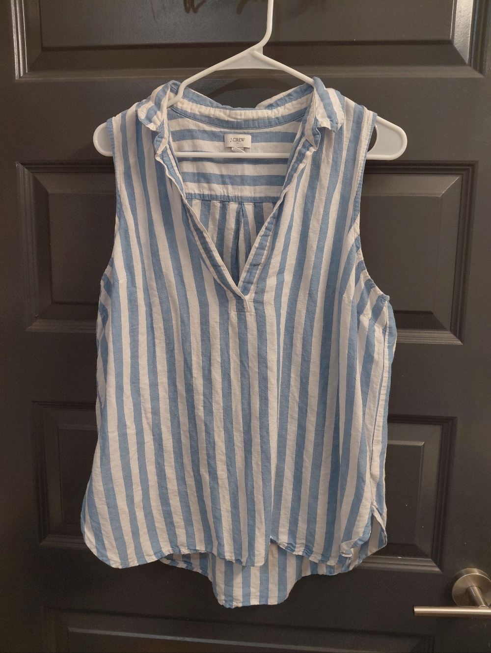 J. Crew Blue and White Vertical Stripe Sleeveless V-Neck Top Sz L
